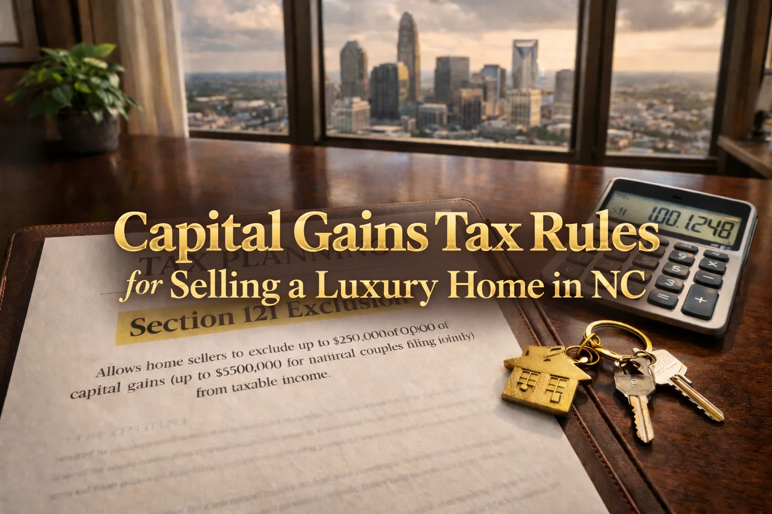 Capital gains tax planning documents and calculator for luxury home sale in Charlotte NC 2026