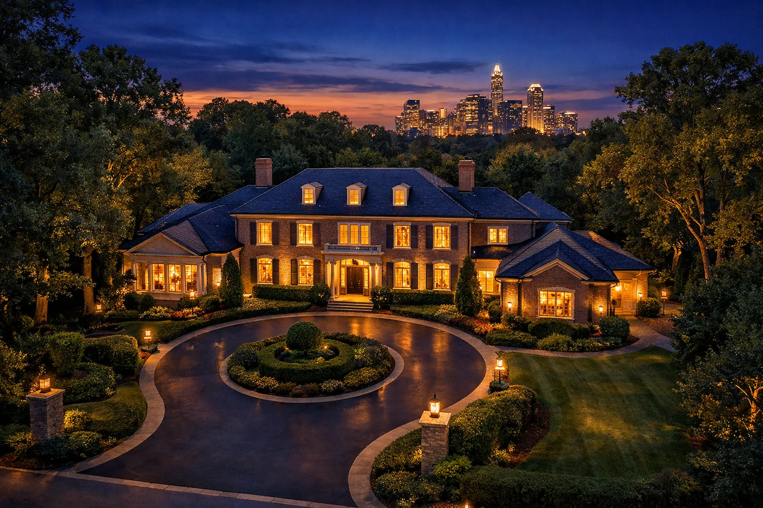 Luxury home in Myers Park Charlotte NC at twilight showing the final stage of the luxury home buying timeline