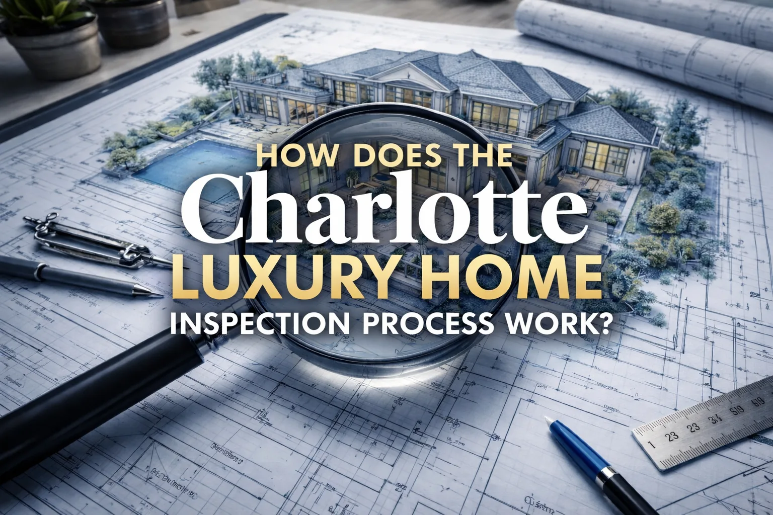 A magnifying glass hovering over a blueprint of a luxury home, symbolizing the detailed inspection process.
