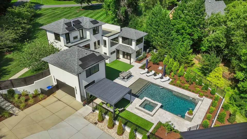 Overhead view of the pool, spa and turf courtyard