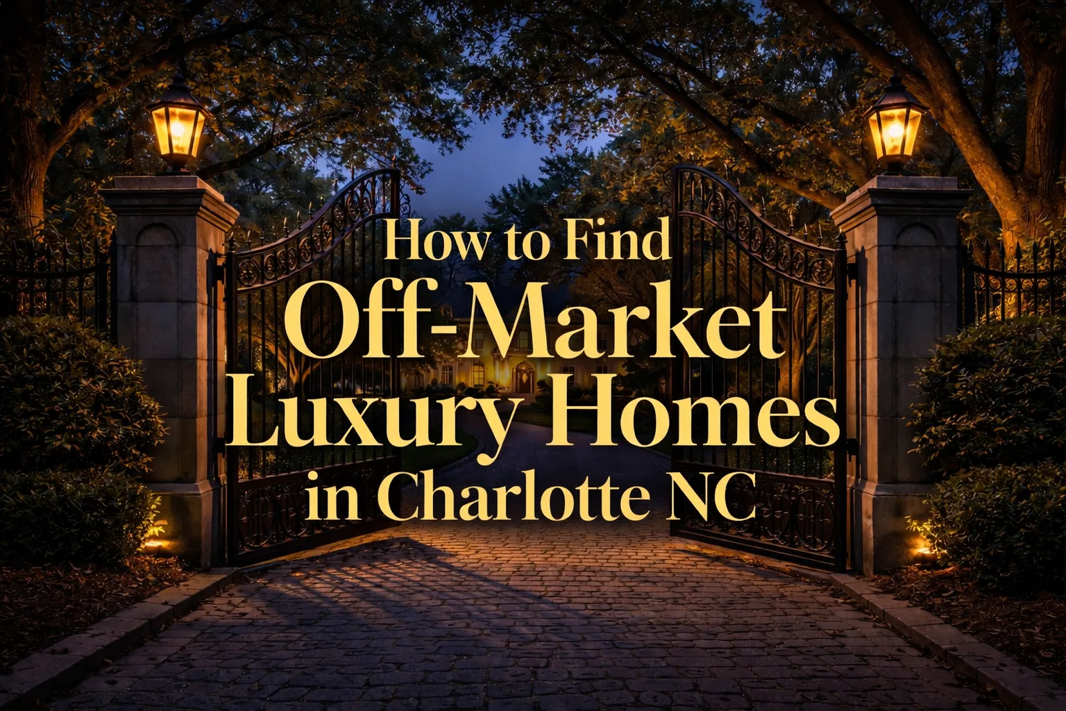 Iron gate opening to reveal luxury off-market estate in Myers Park Charlotte NC at twilight 2026