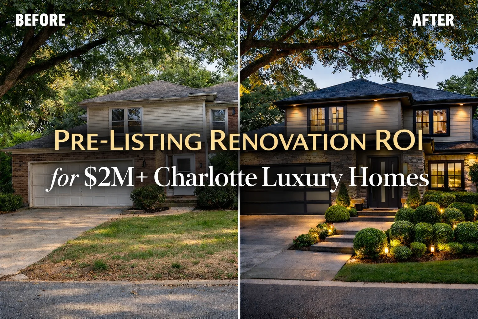 Before and after pre-listing renovation of a luxury Charlotte NC home showing curb appeal upgrades with new garage door and stone veneer 2026